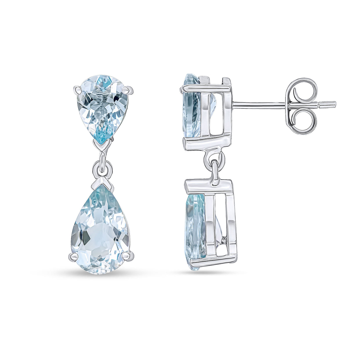 9CT WG PEARSHAPE AQUA 2ST CLAW SET DROP EARRINGS