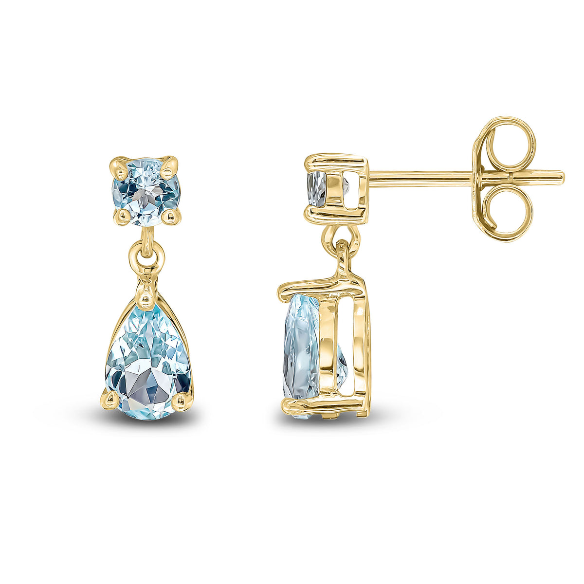 9CT YG ROUND AND PEARSHAPE AQUA 2ST CLAW SET DROP EARRINGS