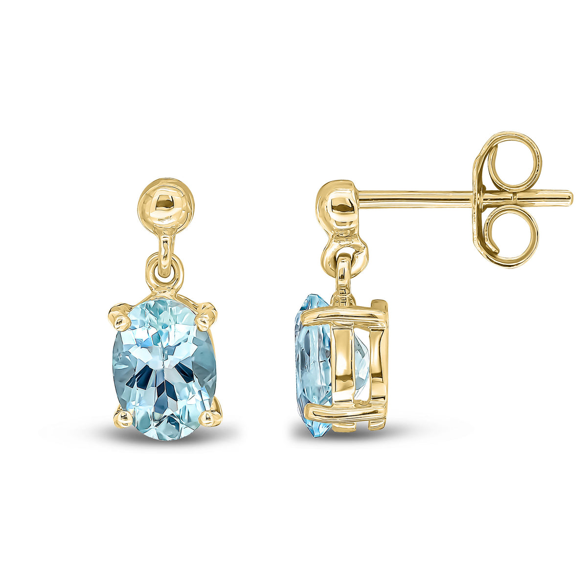 9CT YG 7X5 OVAL AQUAMARINE CLAW SET DROP EARRINGS WITH BEAD TOP