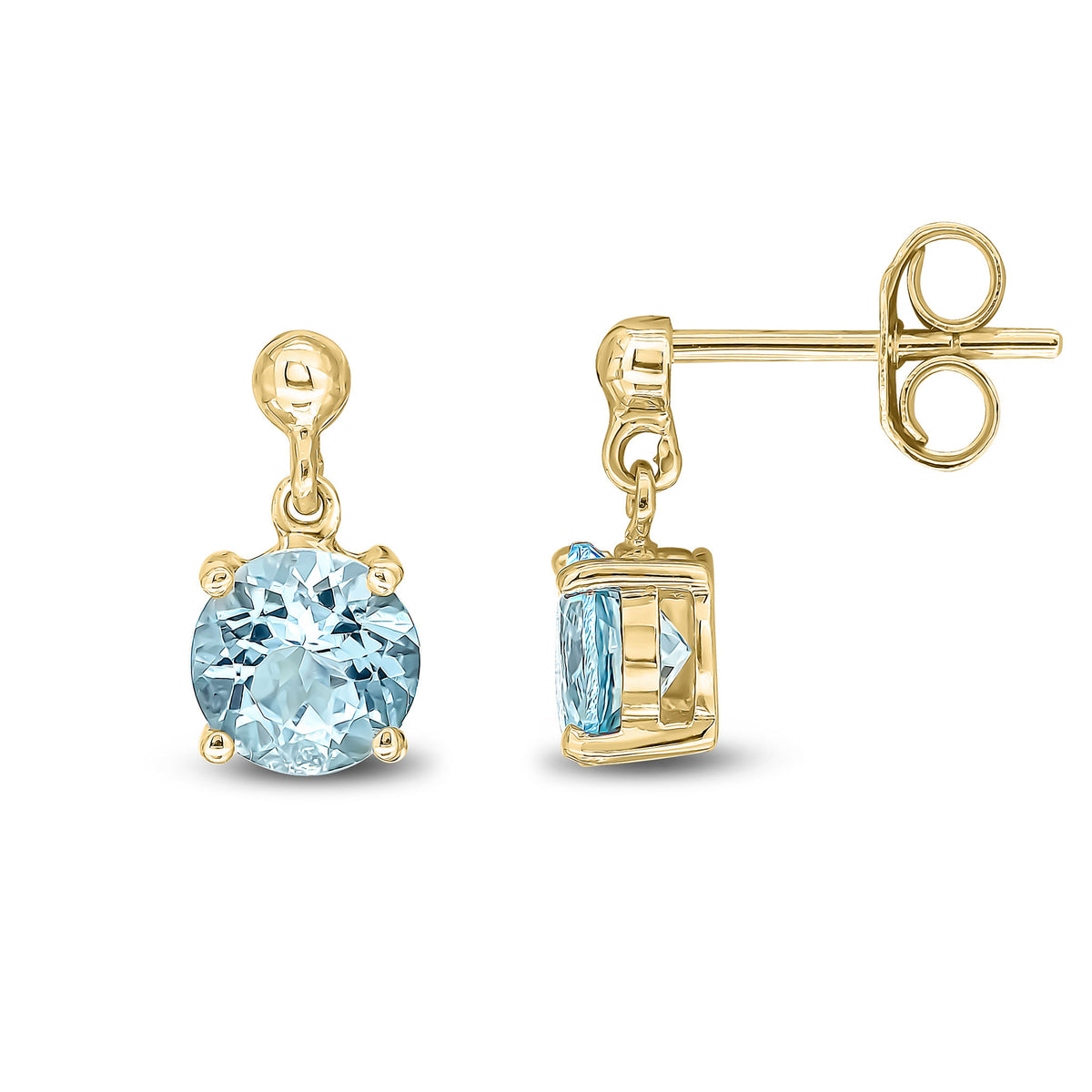 9CT YG 6MM ROUND AQUA CLAW SET DROP EARRINGS WITH BEAD TOP