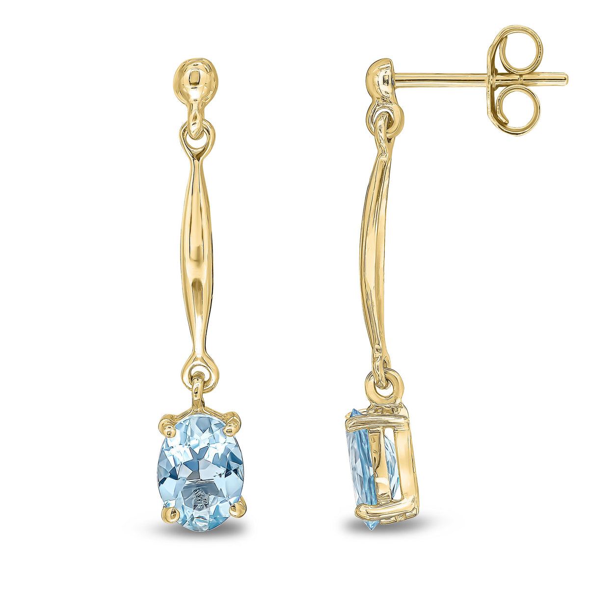 9CT YG 7X5MM OVAL AQUA AND BAR DROP EARRINGS WITH BEAD TOP