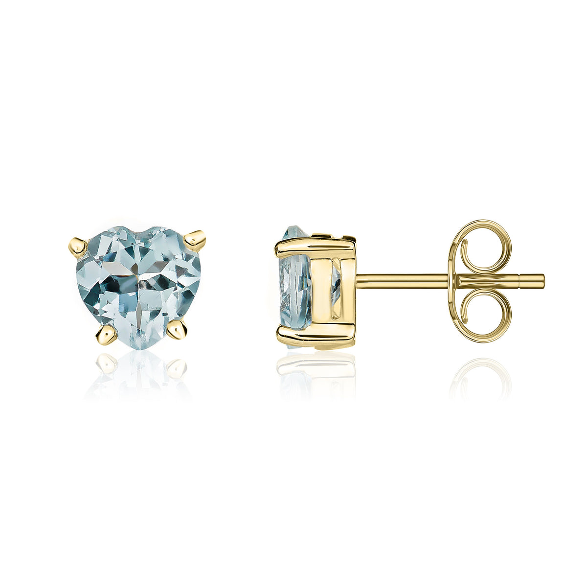 9CT YG 6MM HEARTSHAPE AQUA CLAW SET EARRINGS