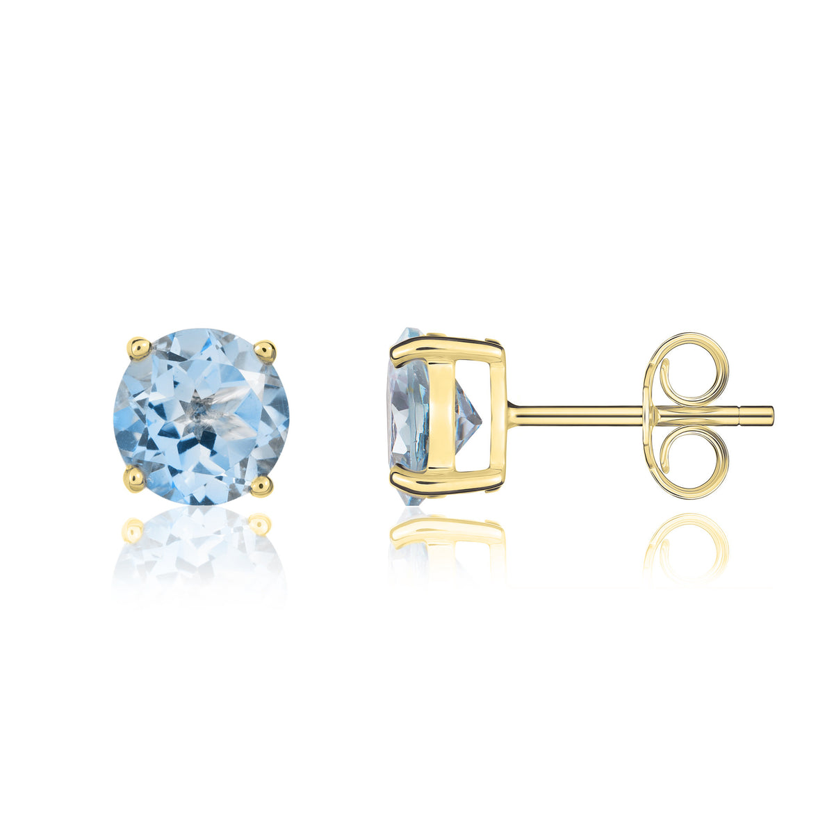 9CT YG 8MM ROUND AQUA CLAW SET EARRINGS
