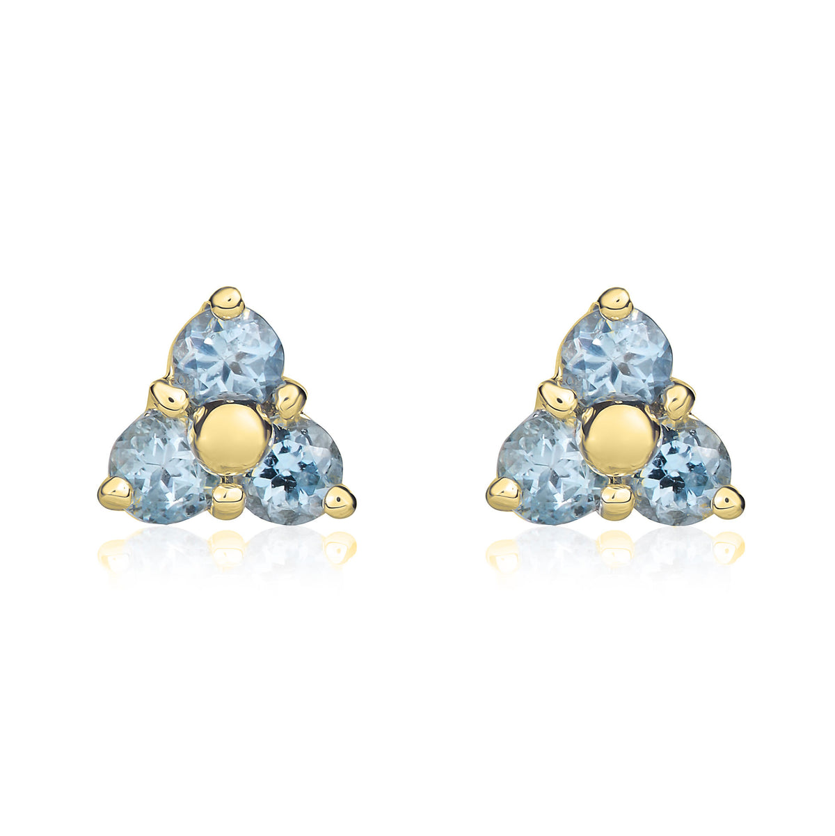9CT YG ROUND AQUA CLAW SET TREFOIL EARRINGS