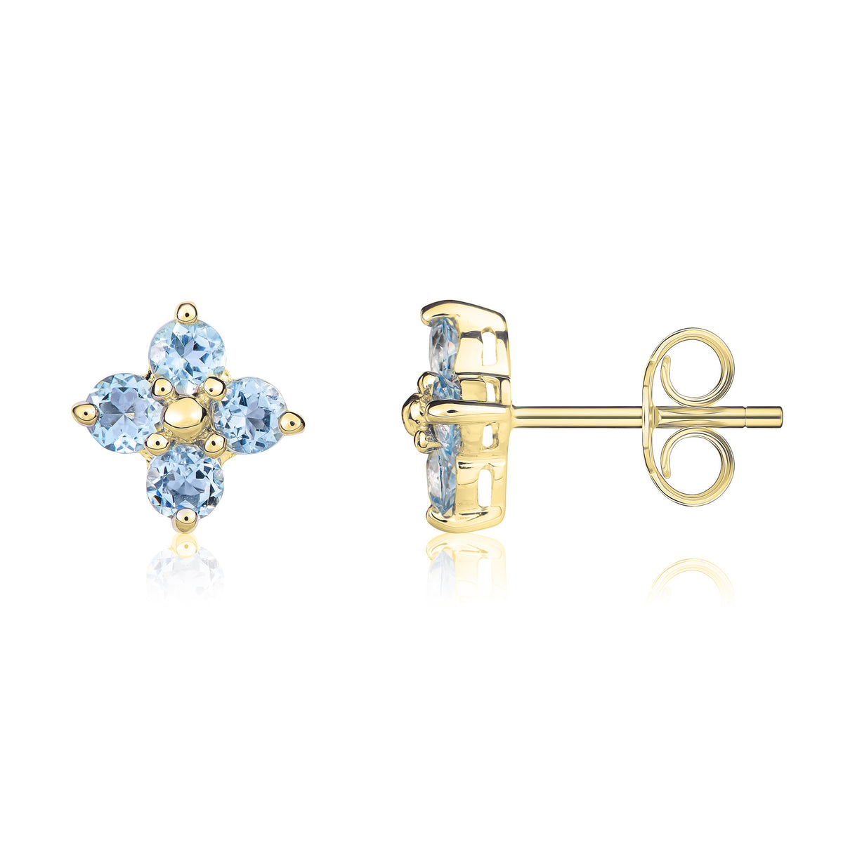9CT YG ROUND AQUA QUATREFOIL CLAW EARRINGS