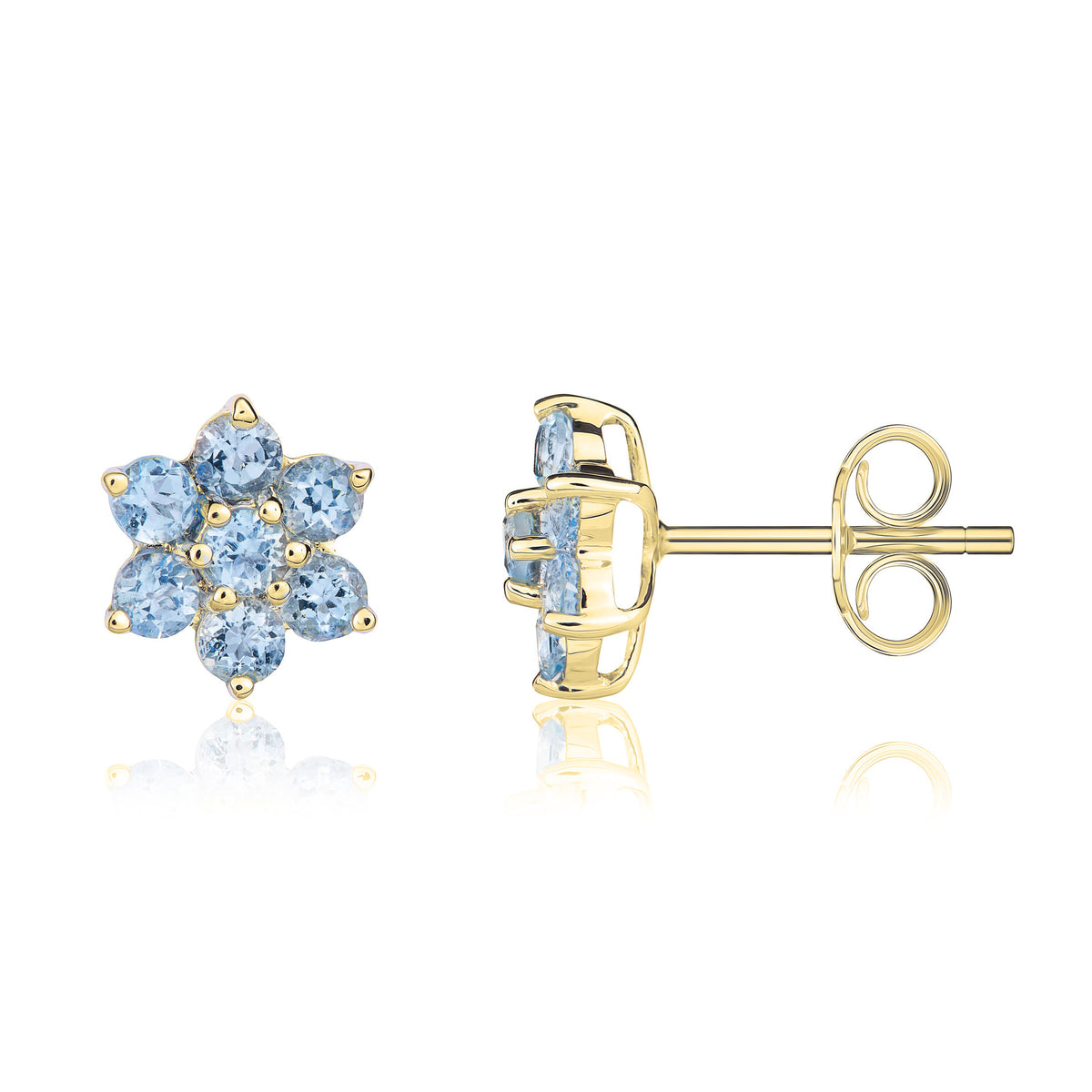 9CT YELLOW GOLD ROUND AQUA 6X1 CLAW CLUSTER EARRINGS