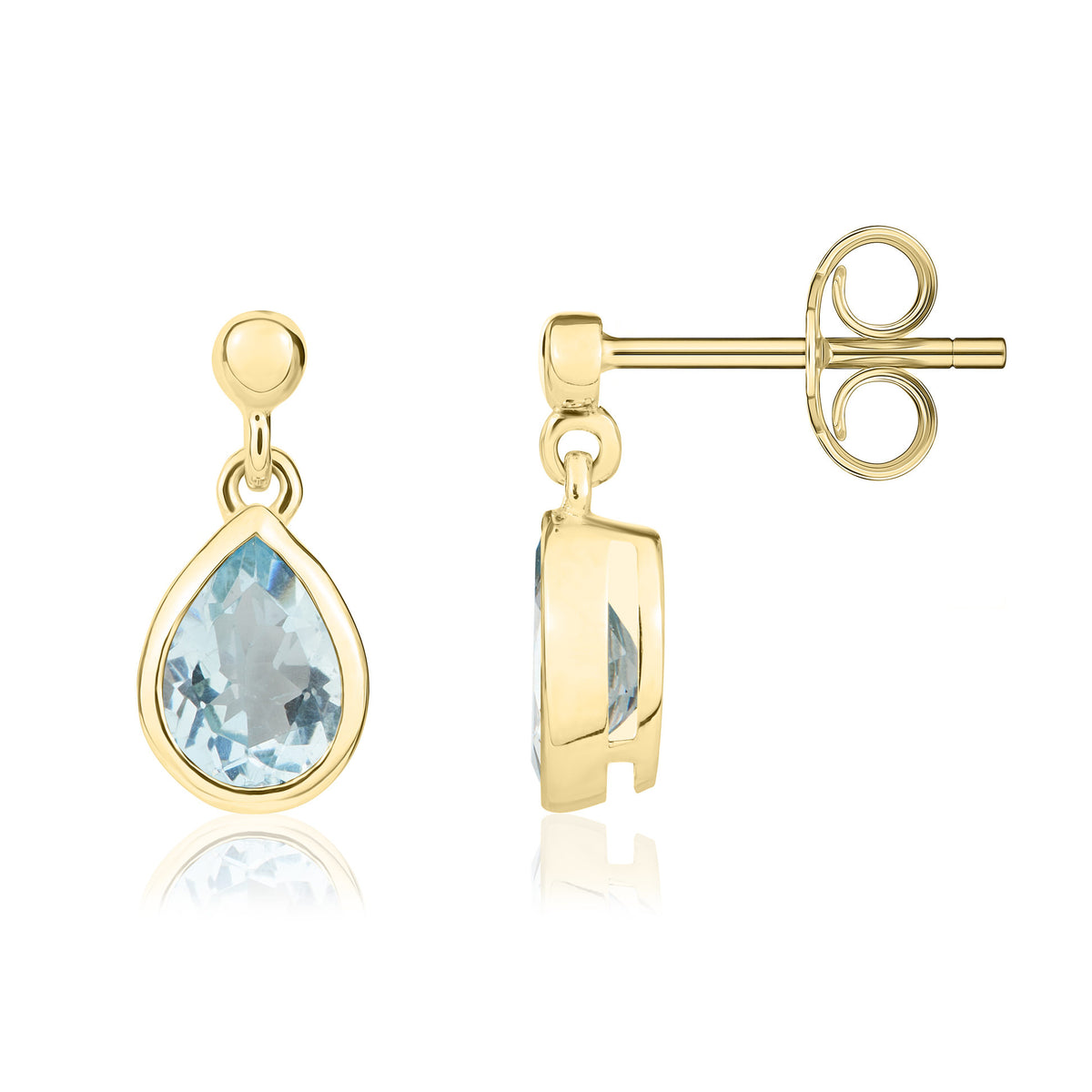 9CT YG 7X5 PEARSHAPE AQUA RUBOVER DROP EARRINGS WITH BEAD TOP