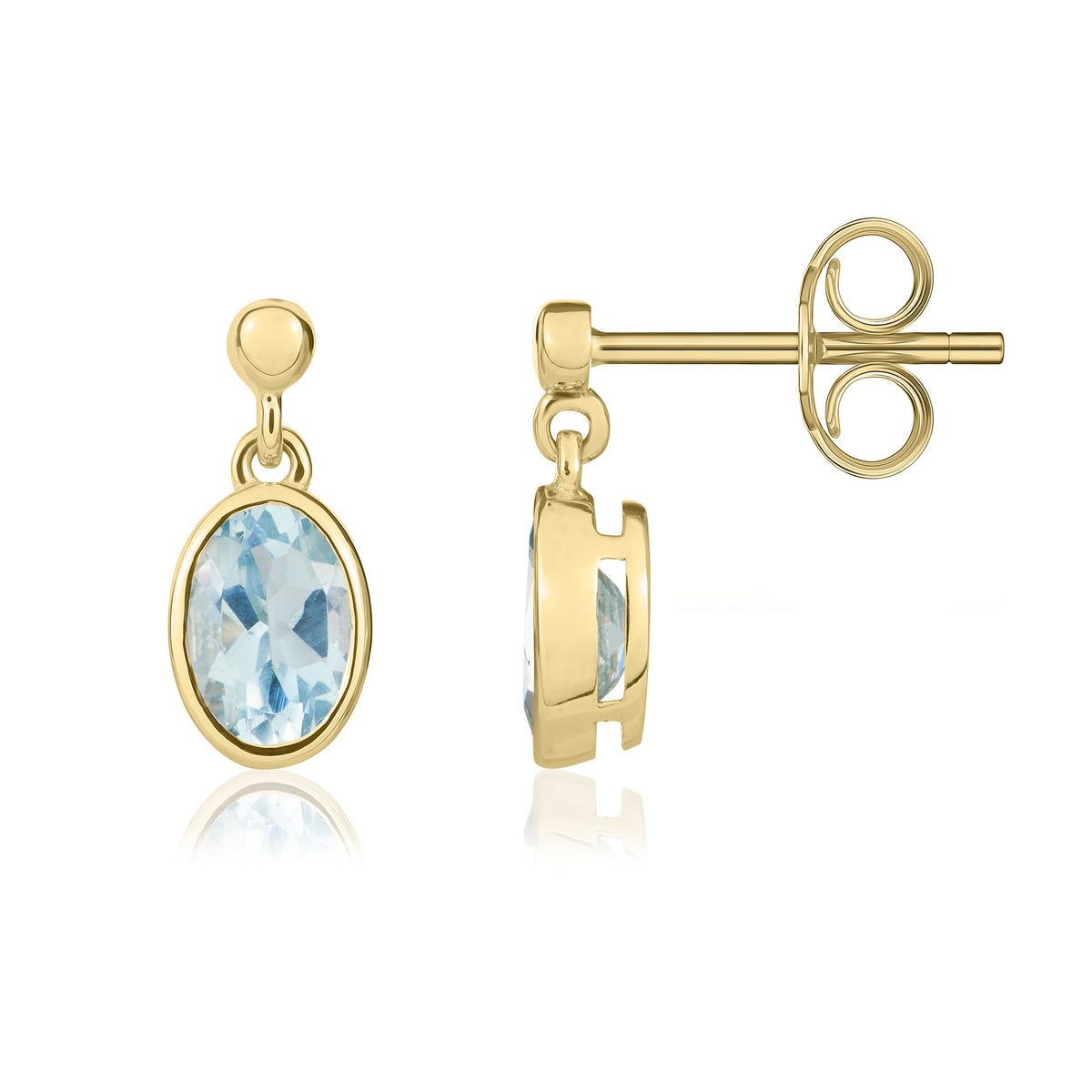 9CT YG 6X4 OVAL AQUA RUBOVER DROP EARRINGS WITH 2.5MM BEAD TOP