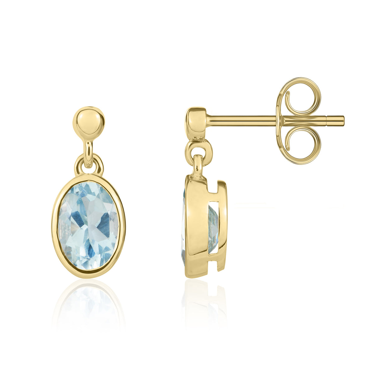 9CT YG 7X5MM OVAL AQUA RUBOVER DROP EARRINGS WITH BEAD TOP