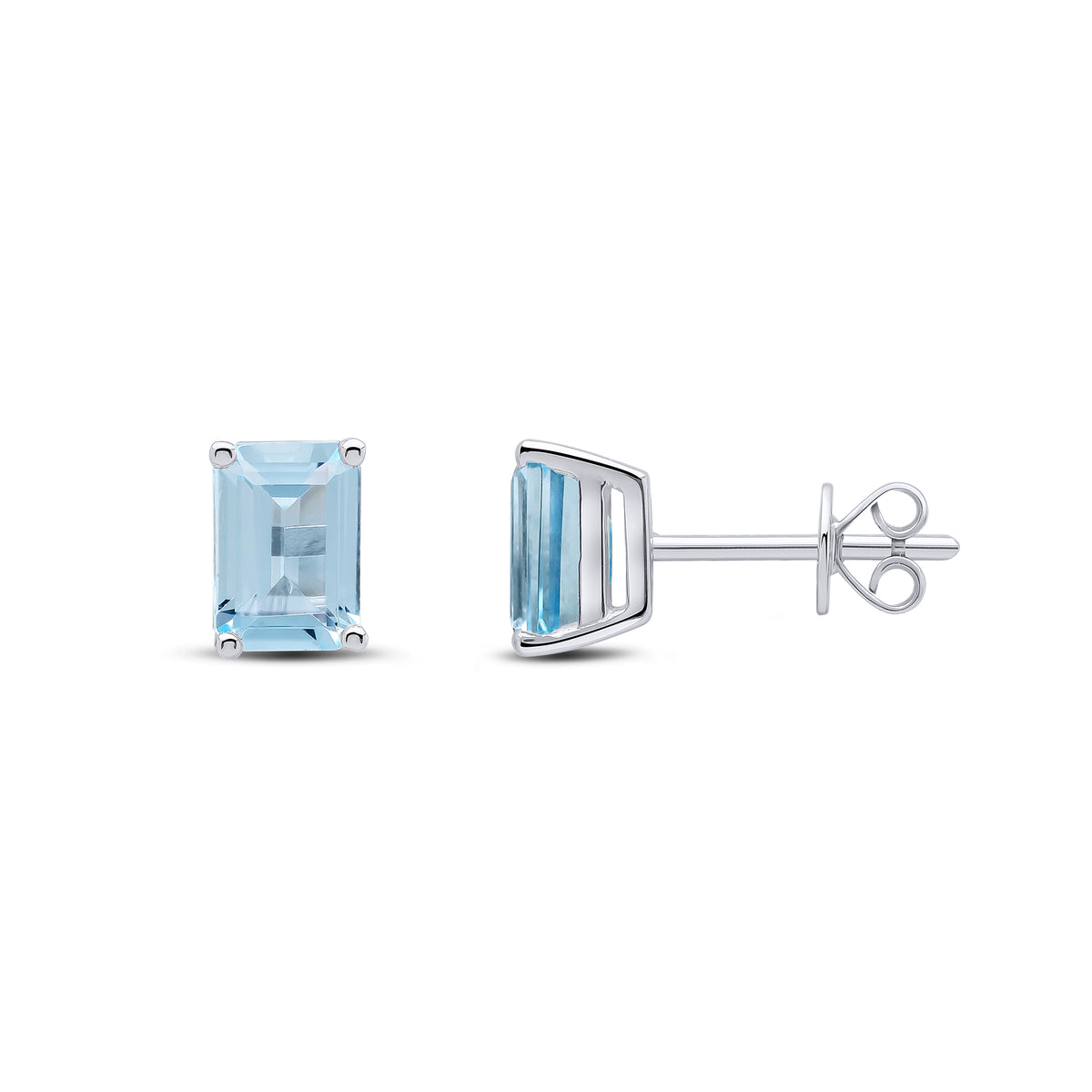 9CT WHITE GOLD 7X5MM OCTAGON AQUA CLAW SET STUD EARRINGS