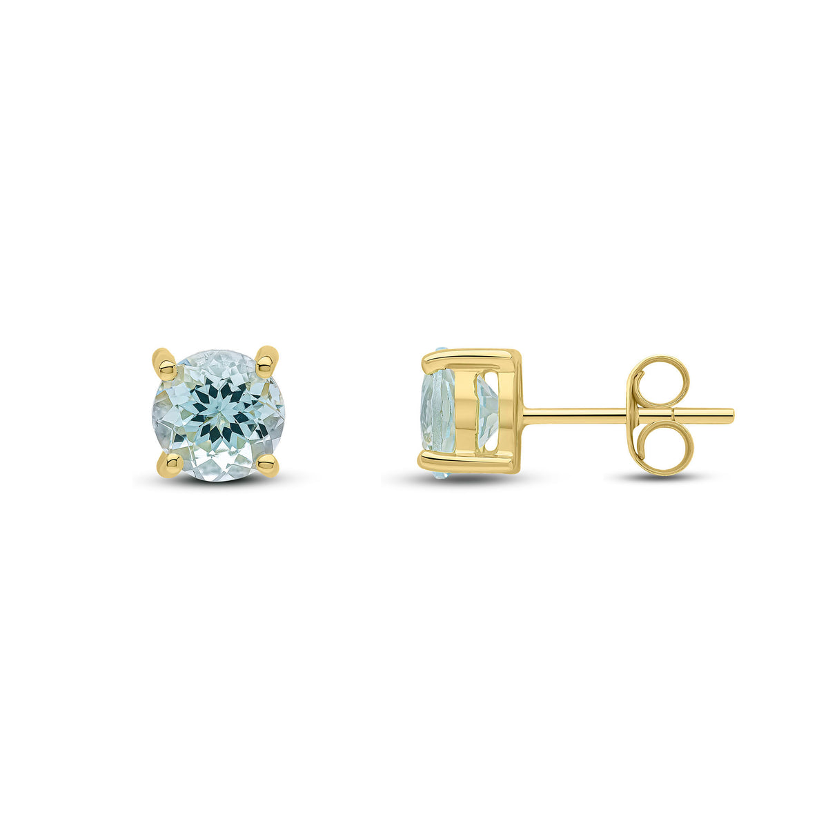 9CT YG 6MM ROUND AQUA 4 CLAW EARRINGS