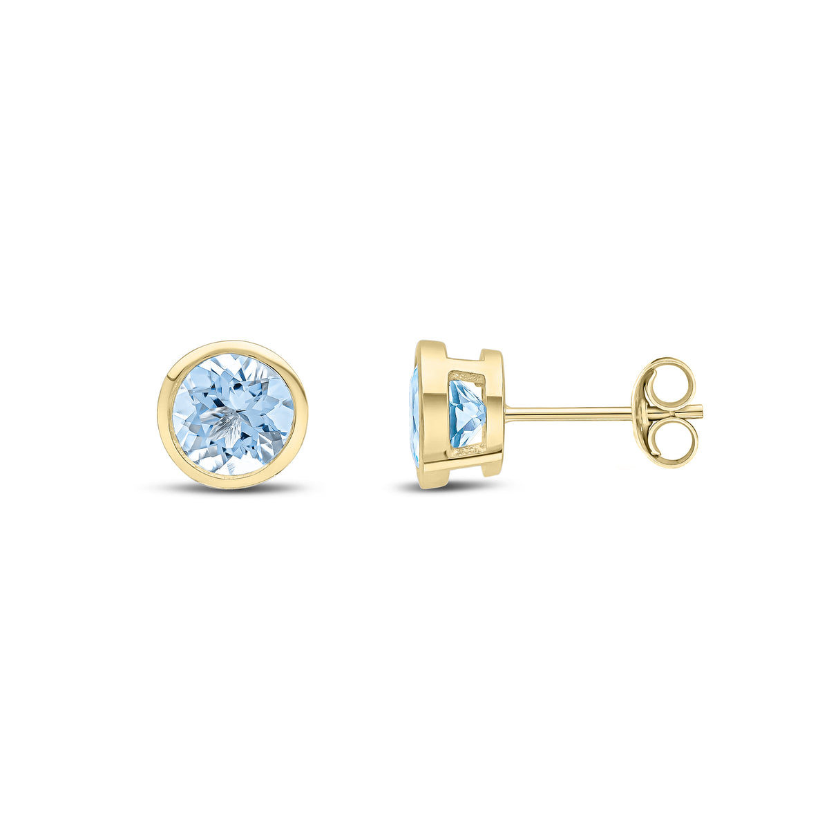 9CT YG 6MM ROUND AQUA RUBOVER EARRINGS