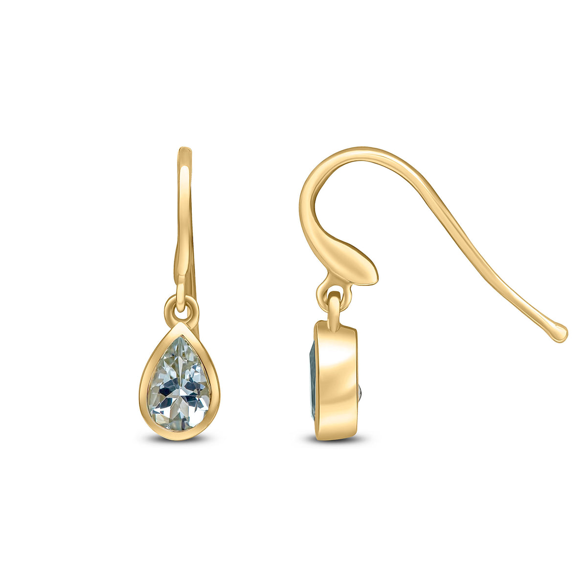 9CT YG 6X4 PEARSHAPE AQUA RUBOVER DROP EARRINGS. HOOK WIRE FITTING