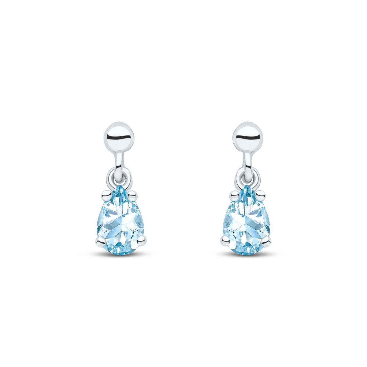 9CT WG 6X4 PEARSHAPE AQUA CLAW SET DROP EARRINGS WITH BEAD TOP