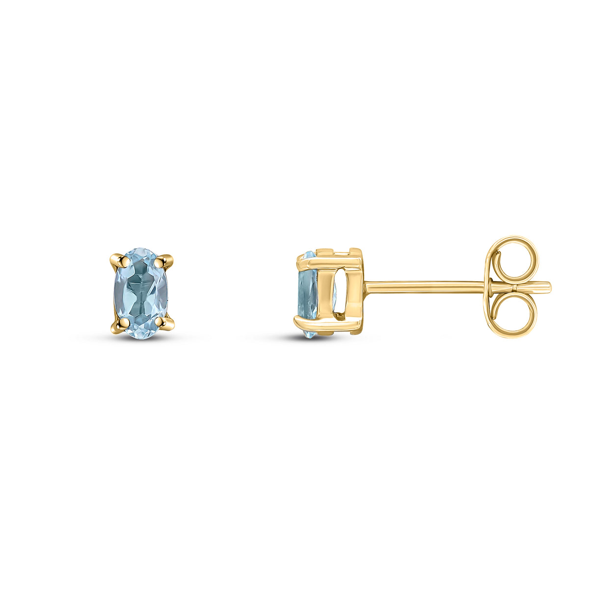 9CT YG 5X3 OVAL AQUA CLAW SET EARRINGS