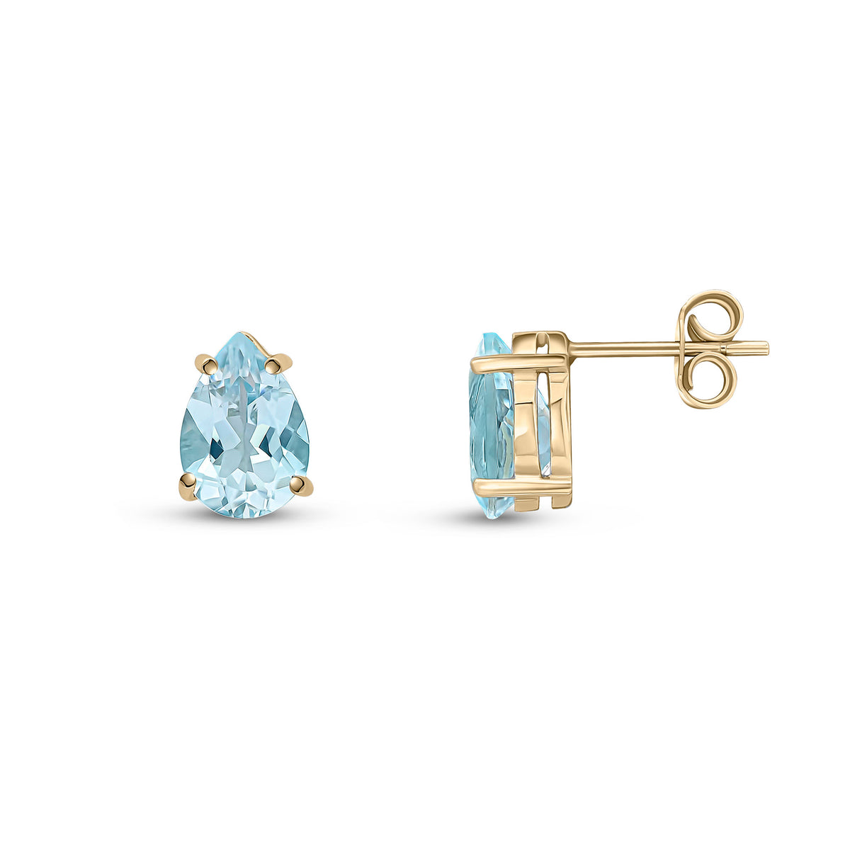 9CT YG 9X6 PEARSHAPE AQUA 4 CLAW EARRINGS