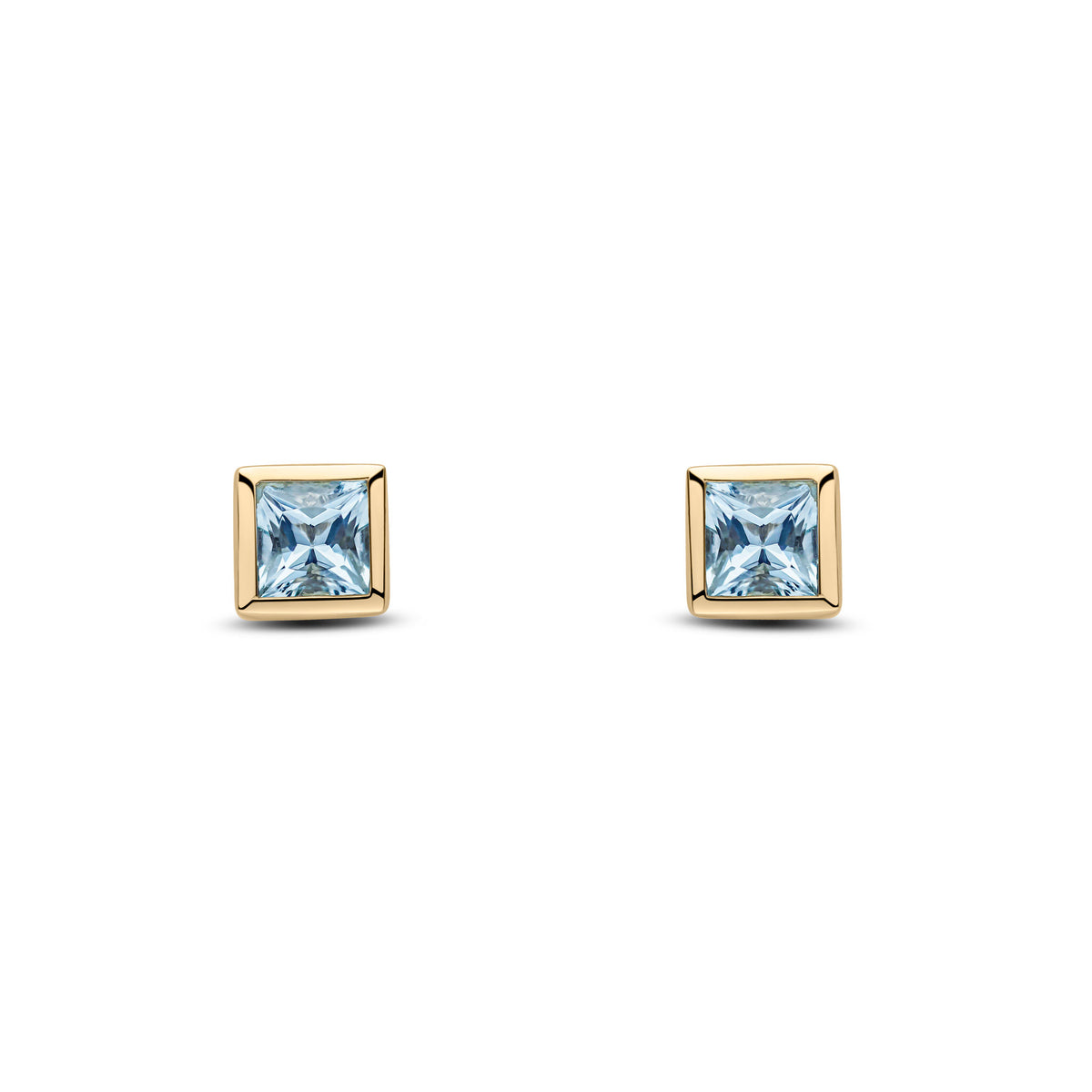 9CT YG 4MM SQUARE AQUA RUBOVER SET EARRINGS
