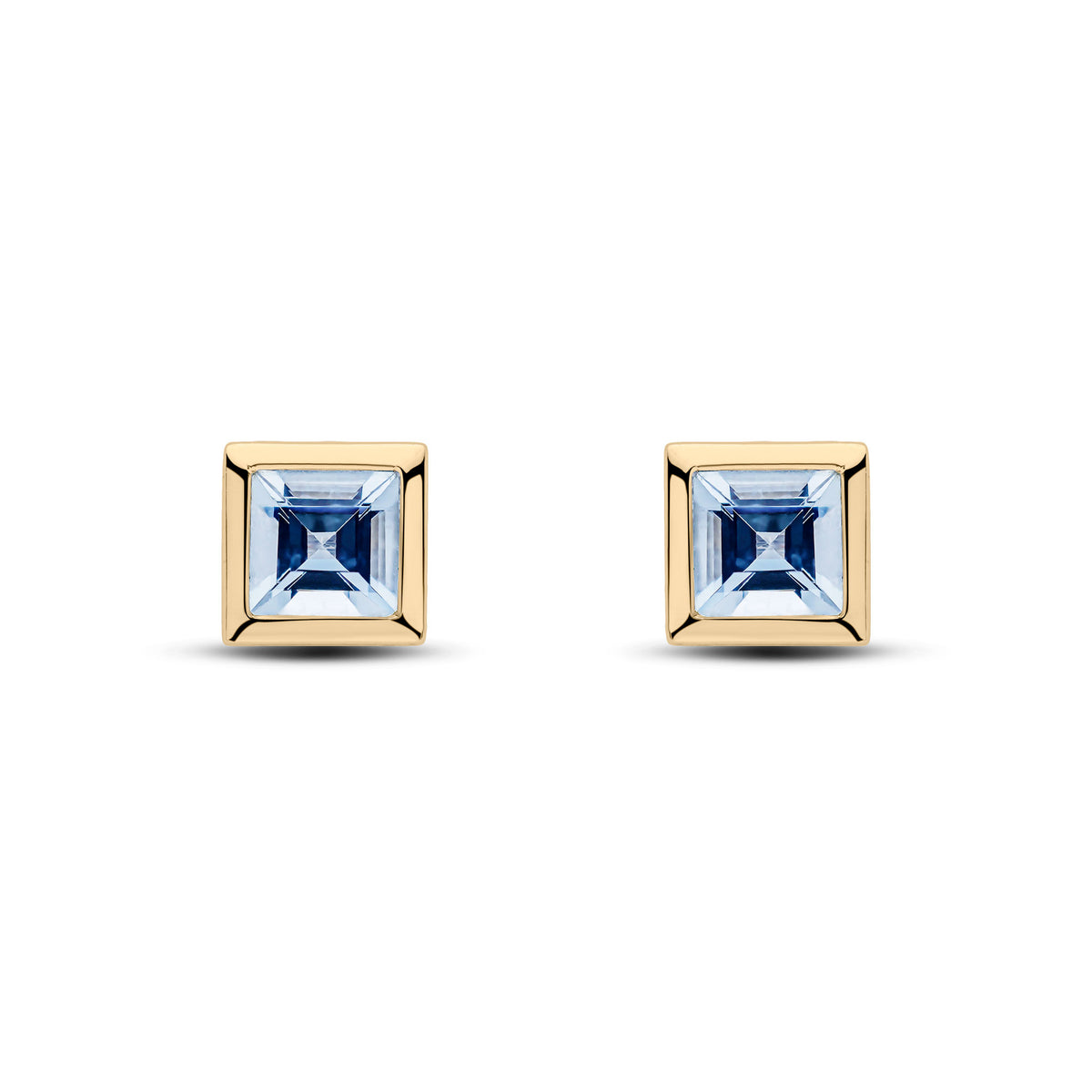 9CT YG 5MM SQUARE AQUA RUBOVER SET EARRINGS