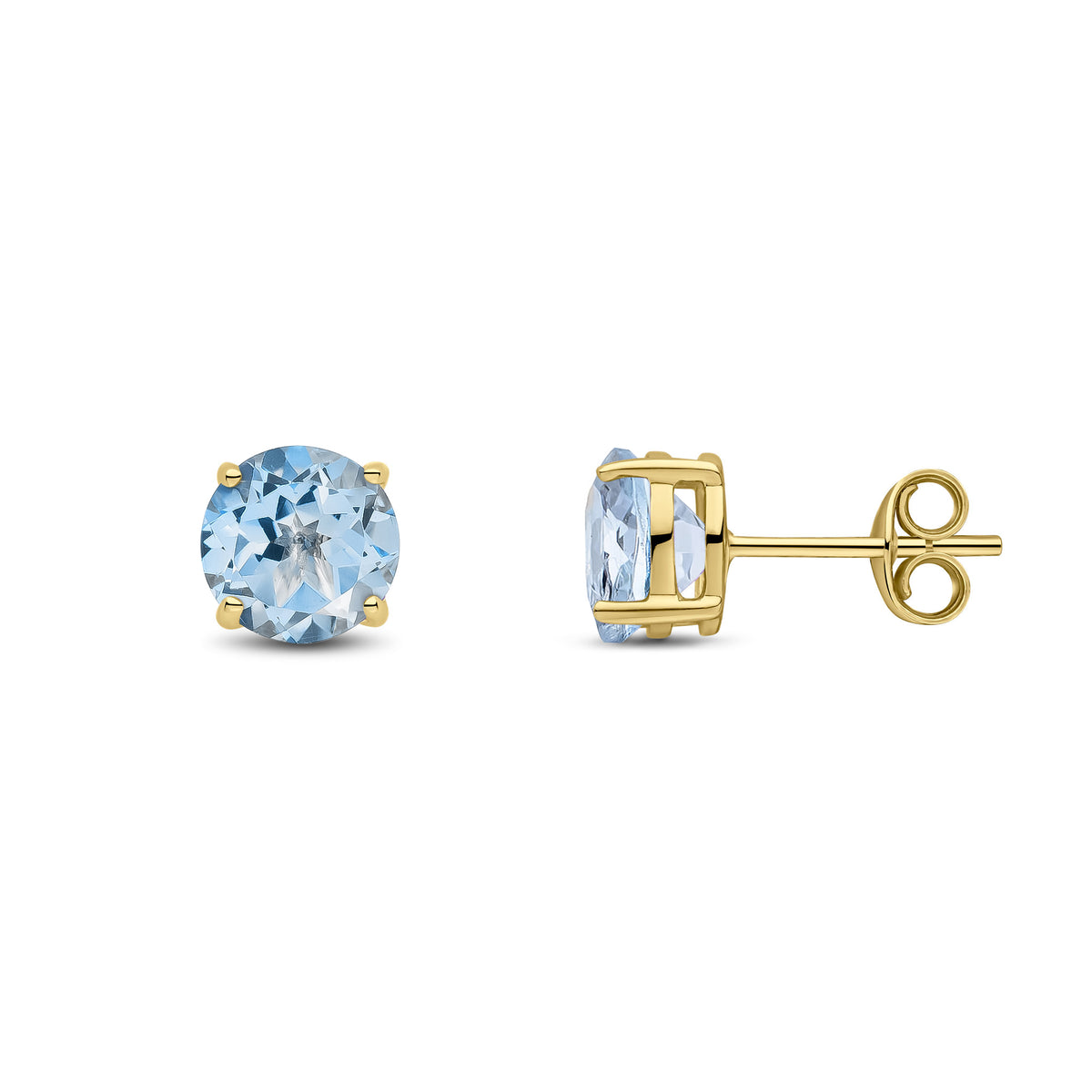 9CT YG 7MM ROUND AQUA CLAW SET EARRINGS