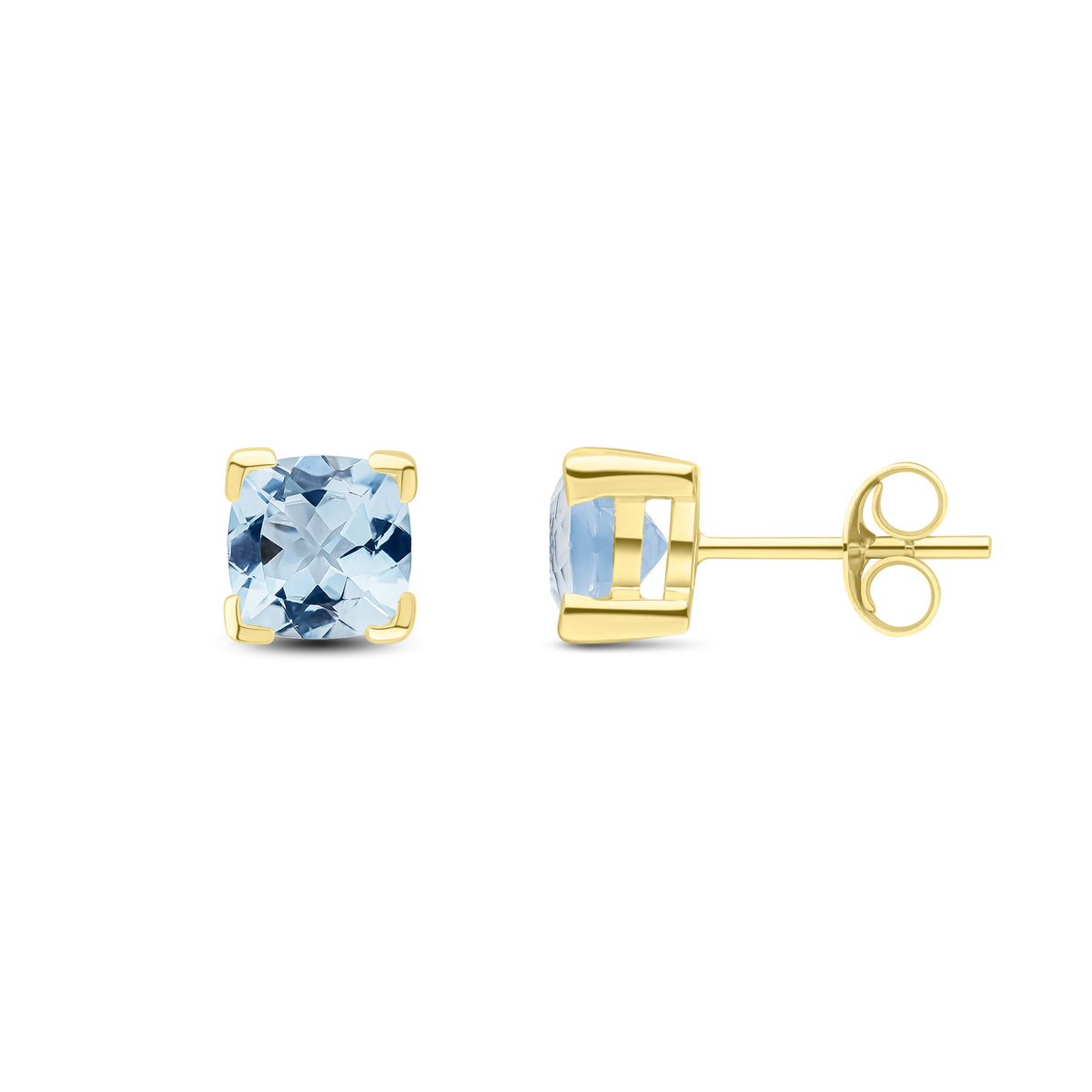 9CT YG 6MM CUSHION AQUA CLAW SET EARRINGS