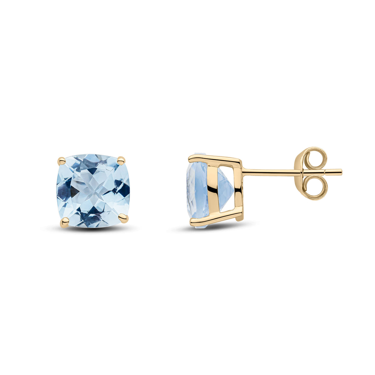 9CT YG 8MM CUSHION AQUA CLAW SET EARRINGS