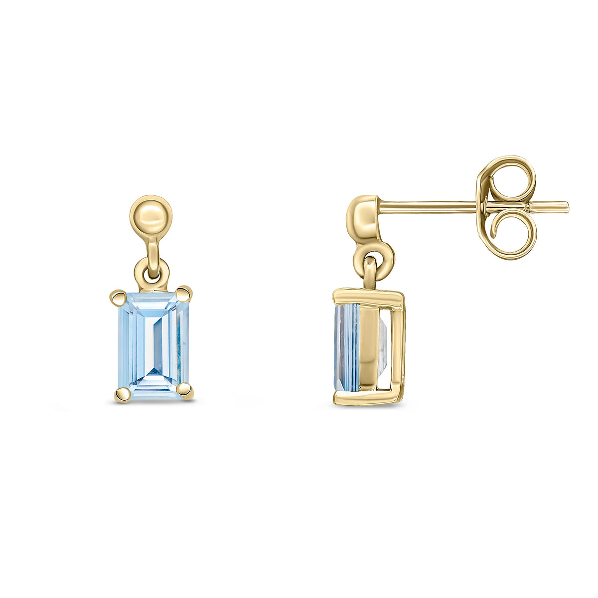 9CT YG 6X4 OCTAGON AQUA CLAW SET DROP EARRINGS WITH BEAD TOP