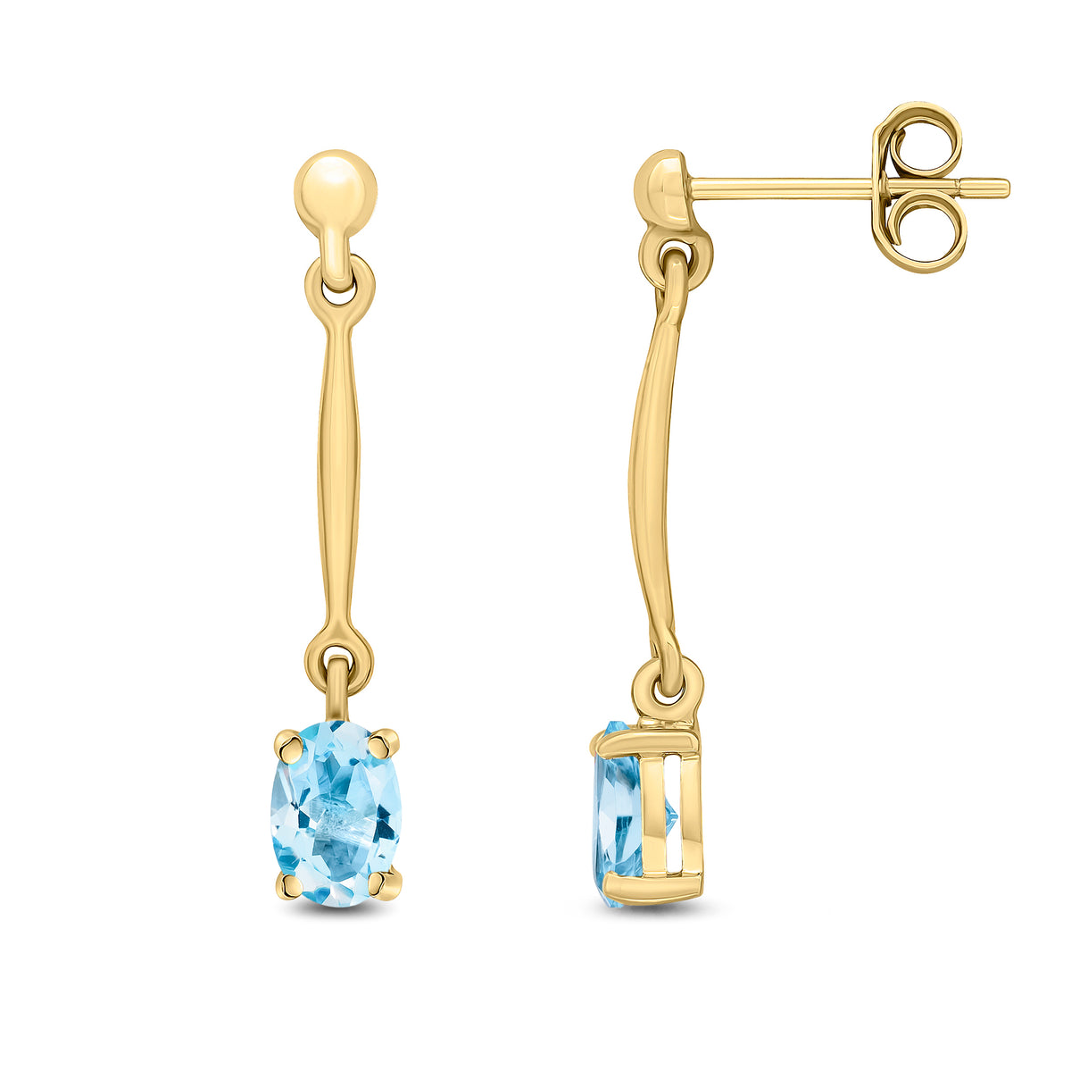 9CT YG CLAW SET 6X4MM OVAL AQUA AND BAR DROP EARRINGS