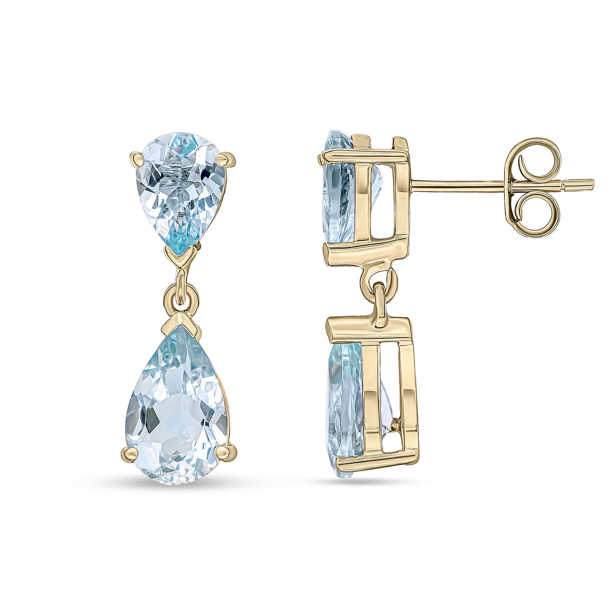 9CT YG PEARSHAPE AQUA 2ST CLAW SET DROP EARRINGS