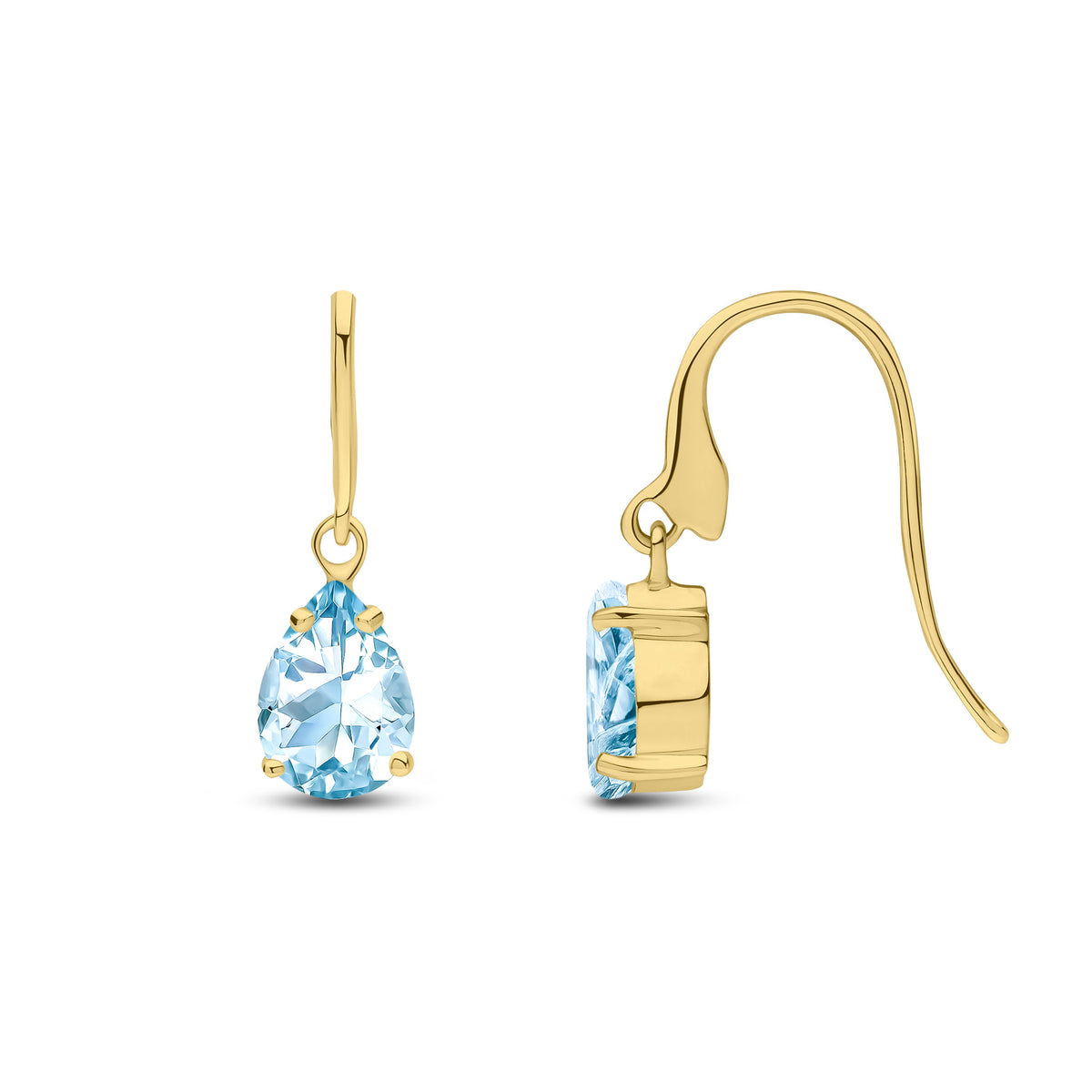 9CT YG 7X5MM PEARSHAPE AQUA CLAW SET WIRE HOOK DROP EARRINGS