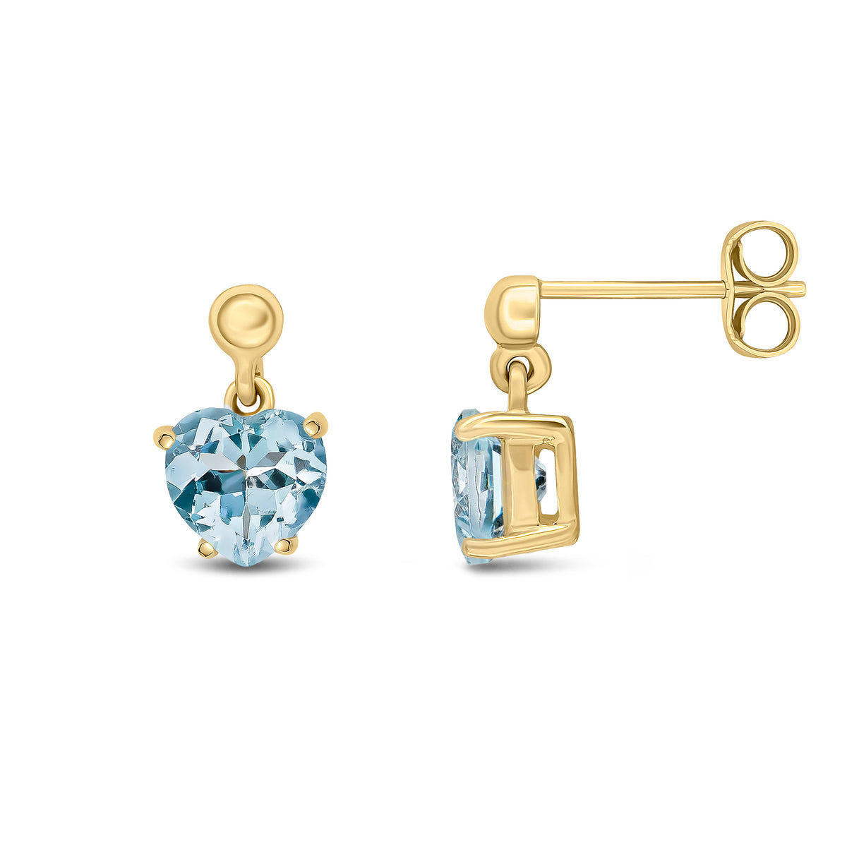 9CT YG 6MM HEART-SHAPE AQUA CLAW SET DROP EARRINGS WITH 3MM BEAD TOP