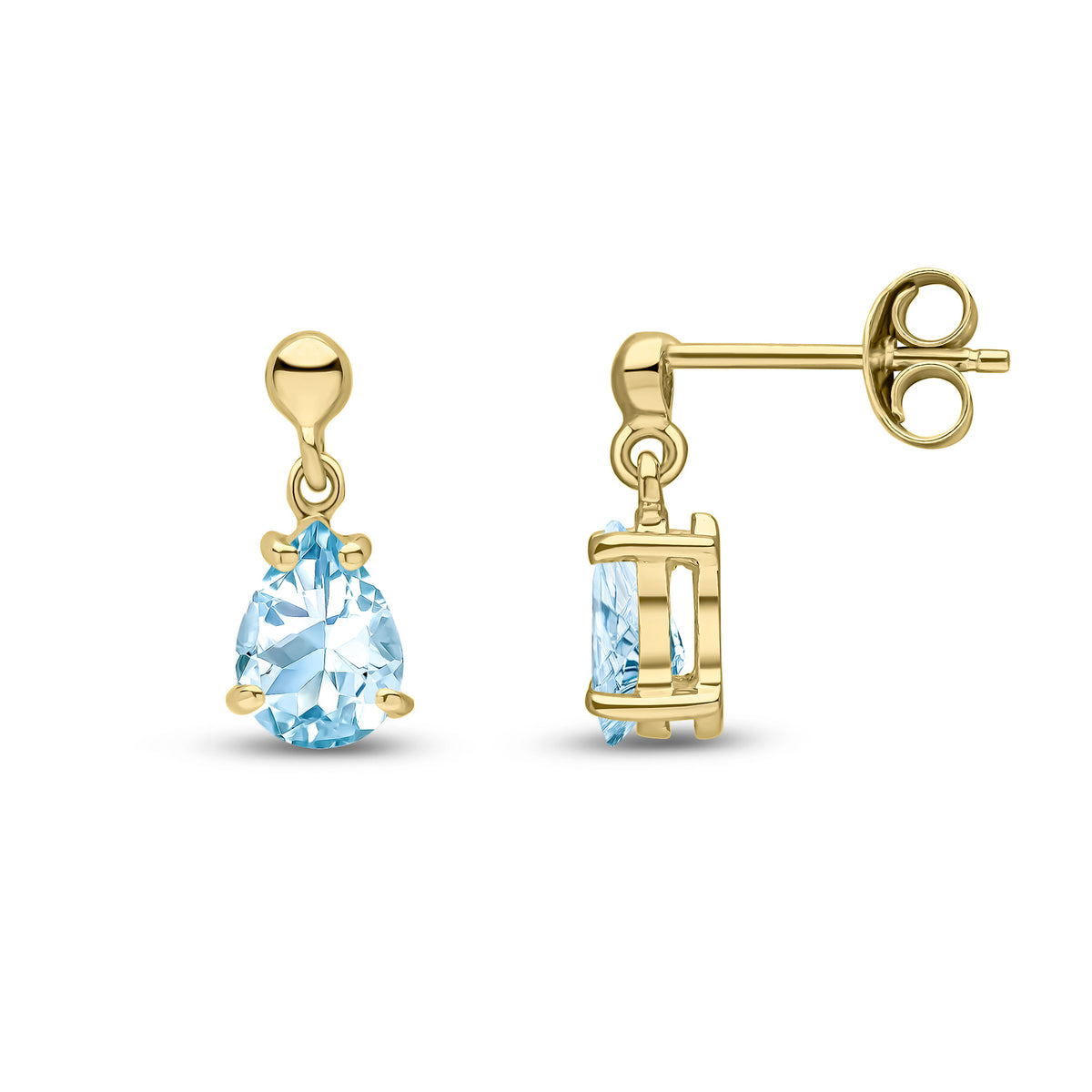 9CT YG 7X5 PEARSHAPE AQUA CLAW SET DROP EARRINGS WITH BEAD TOP