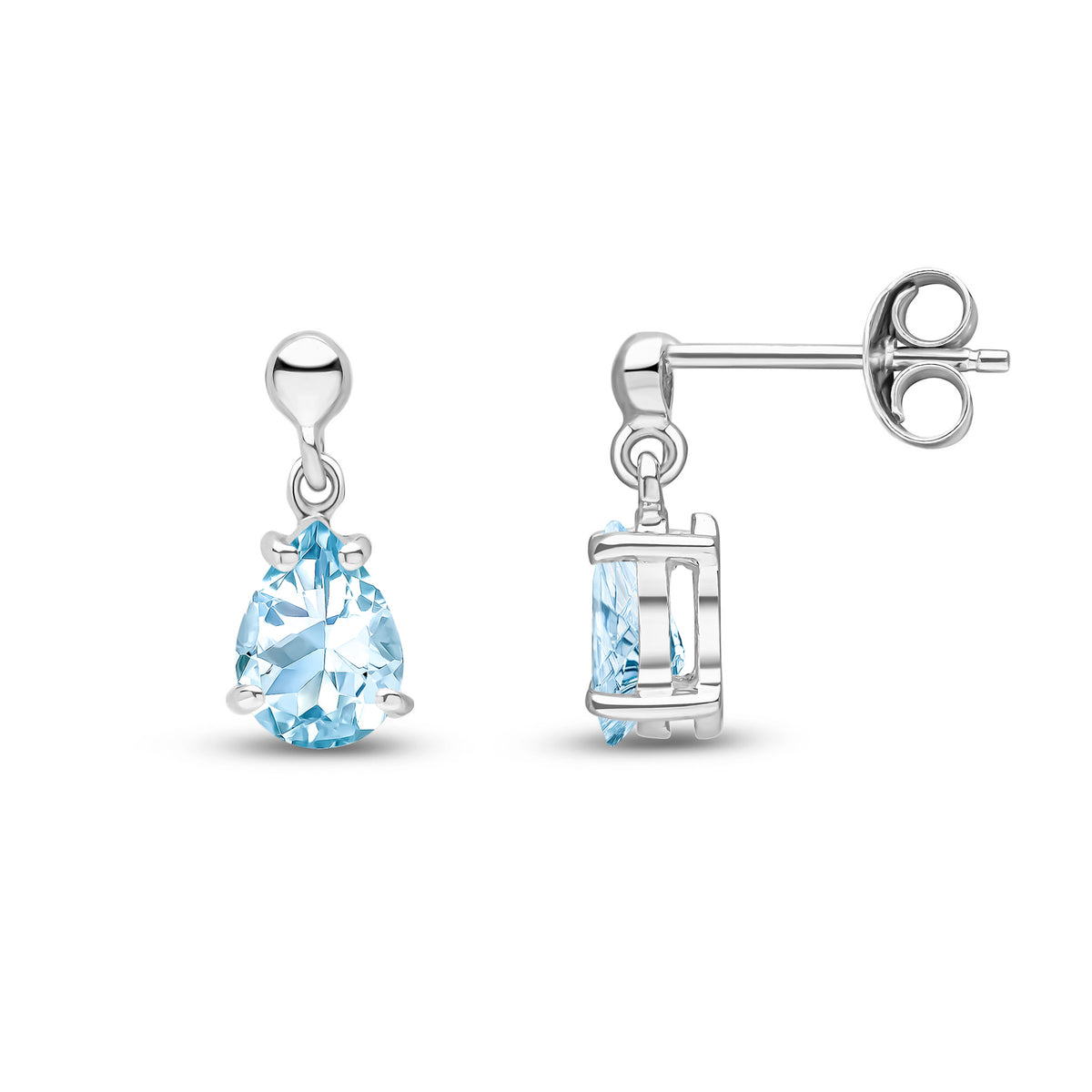 9CT WG 7X5 PEARSHAPE AQUA CLAW SET DROP EARRINGS WITH BEAD TOP