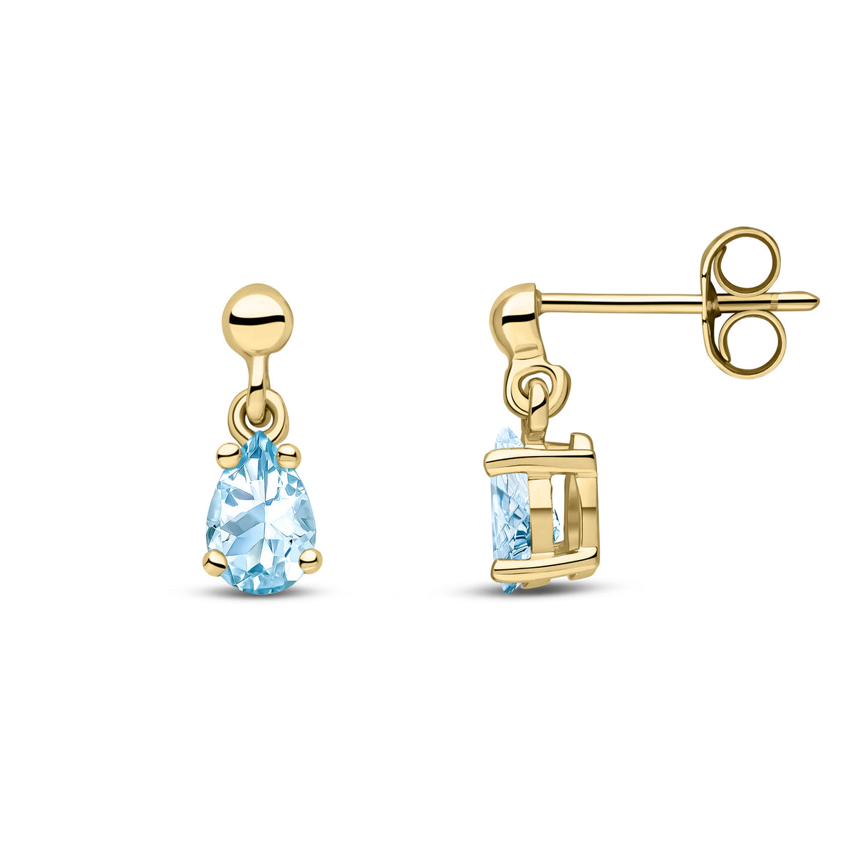 9CT YG 6X4 PEARSHAPE AQUA CLAW SET DROP EARRINGS WITH BEAD TOP