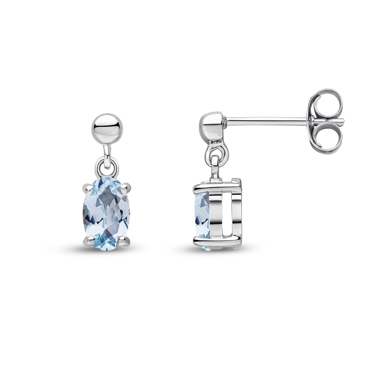 9CT WG 6X4 OVAL AQUA CLAW SET DROP EARRINGS WITH BEAD TOP