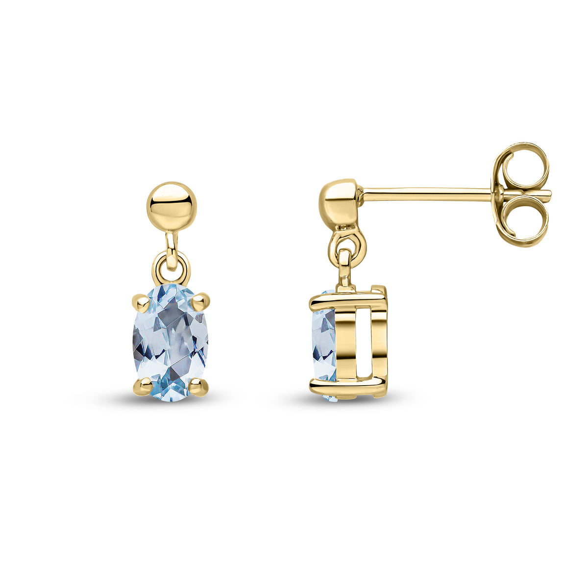 9CT YG 6X4 OVAL AQUA CLAW SET DROP EARRINGS WITH BEAD TOP