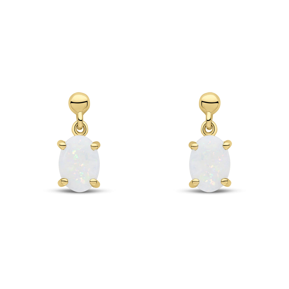 9CT YG 7X5 OVAL OPAL CLAW SET DROP EARRINGS WITH BEAD TOP