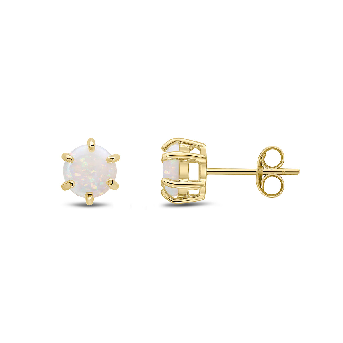 9CT YG 6MM ROUND OPAL 6 CLAW EARRINGS