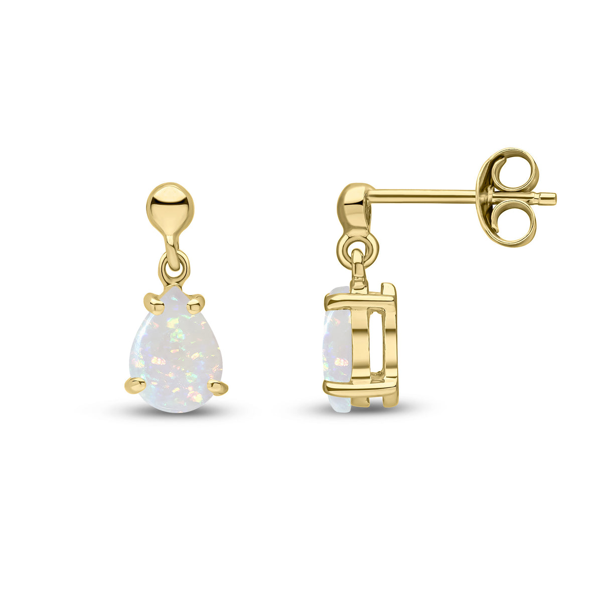 9CT YG 7X5 PEARSHAPE OPAL CLAW SET DROP EARRINGS WITH BEAD TOP
