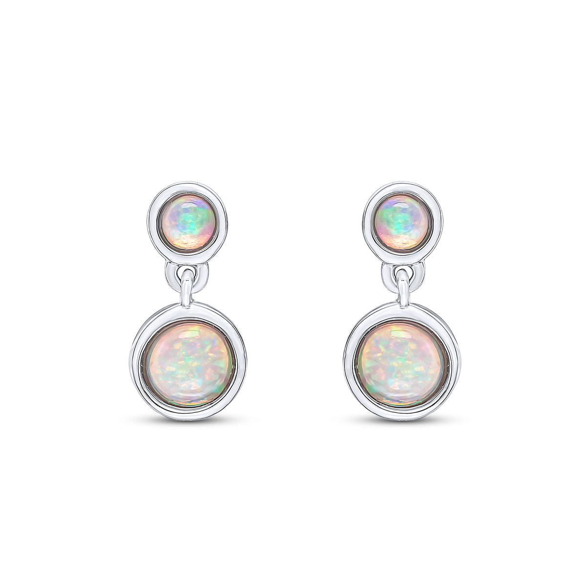 9CT WHITE GOLD ROUND OPAL RUBOVER 2ST DROP EARRINGS