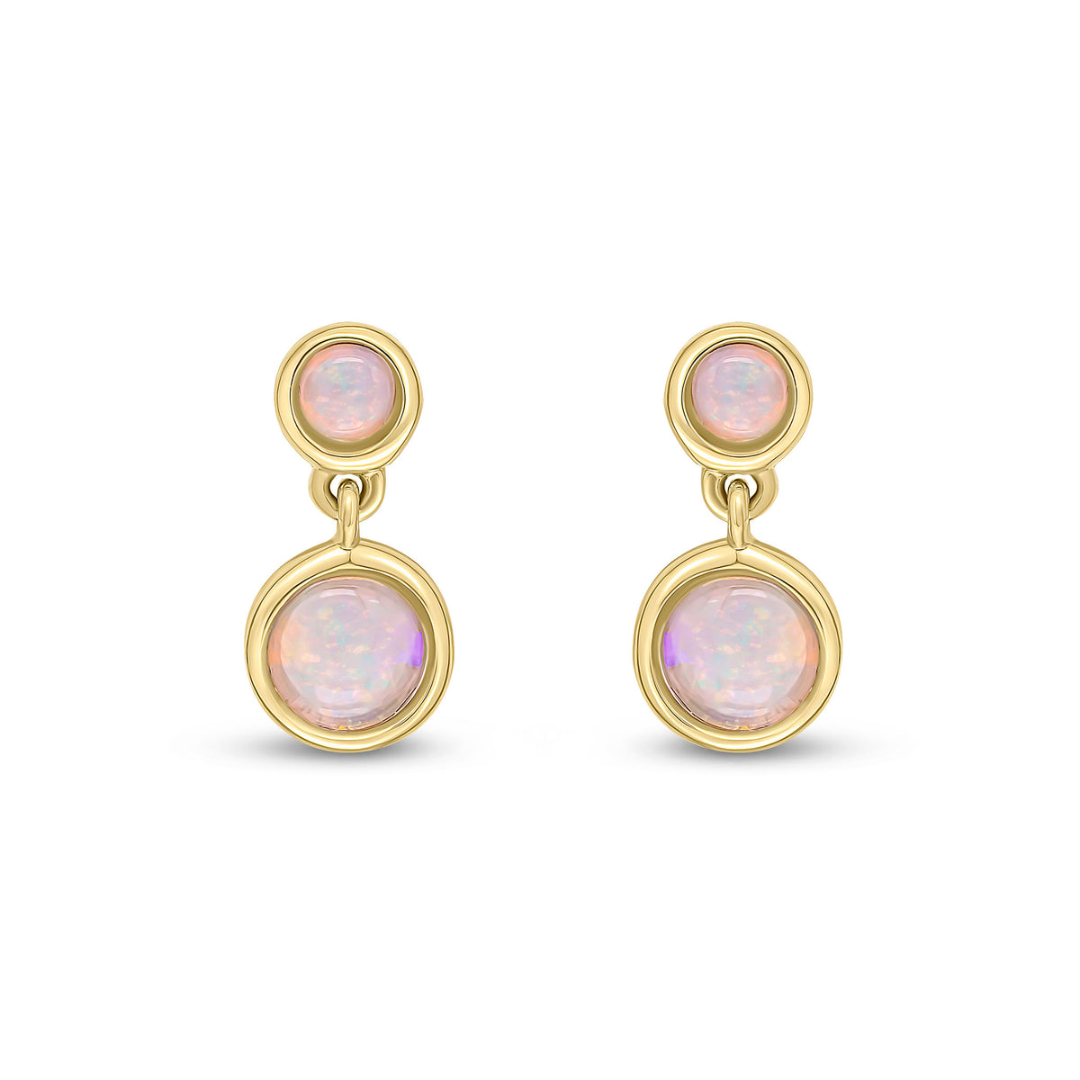 9CT YELLOW GOLD ROUND OPAL RUBOVER 2ST DROP EARRINGS