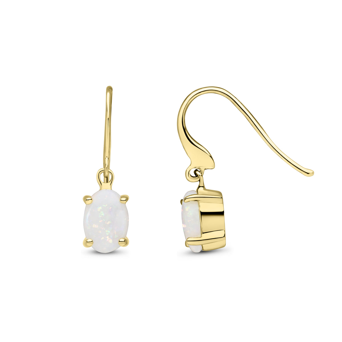 9CT YG 7X5 OVAL OPAL CLAW SET DROP EARRINGS WITH HOOK WIRE FITTING