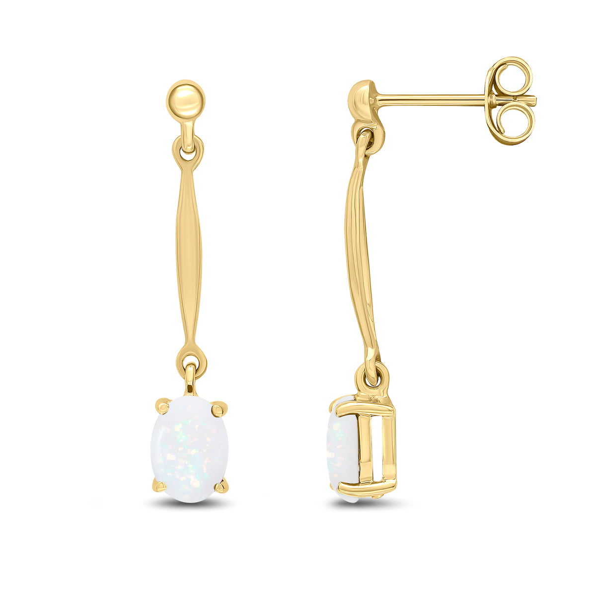9CT YG 7X5MM OVAL OPAL AND BAR DROP EARRINGS WITH BEAD TOP