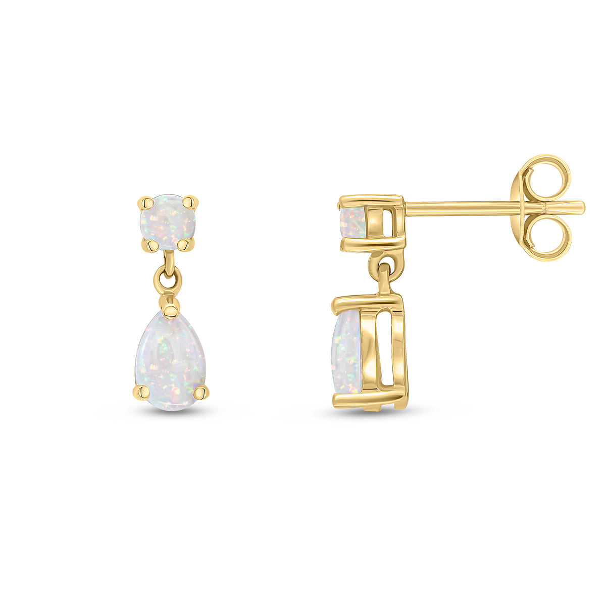 9CT YG ROUND AND PEARSHAPE OPAL 2ST CLAW SET DROP EARRINGS