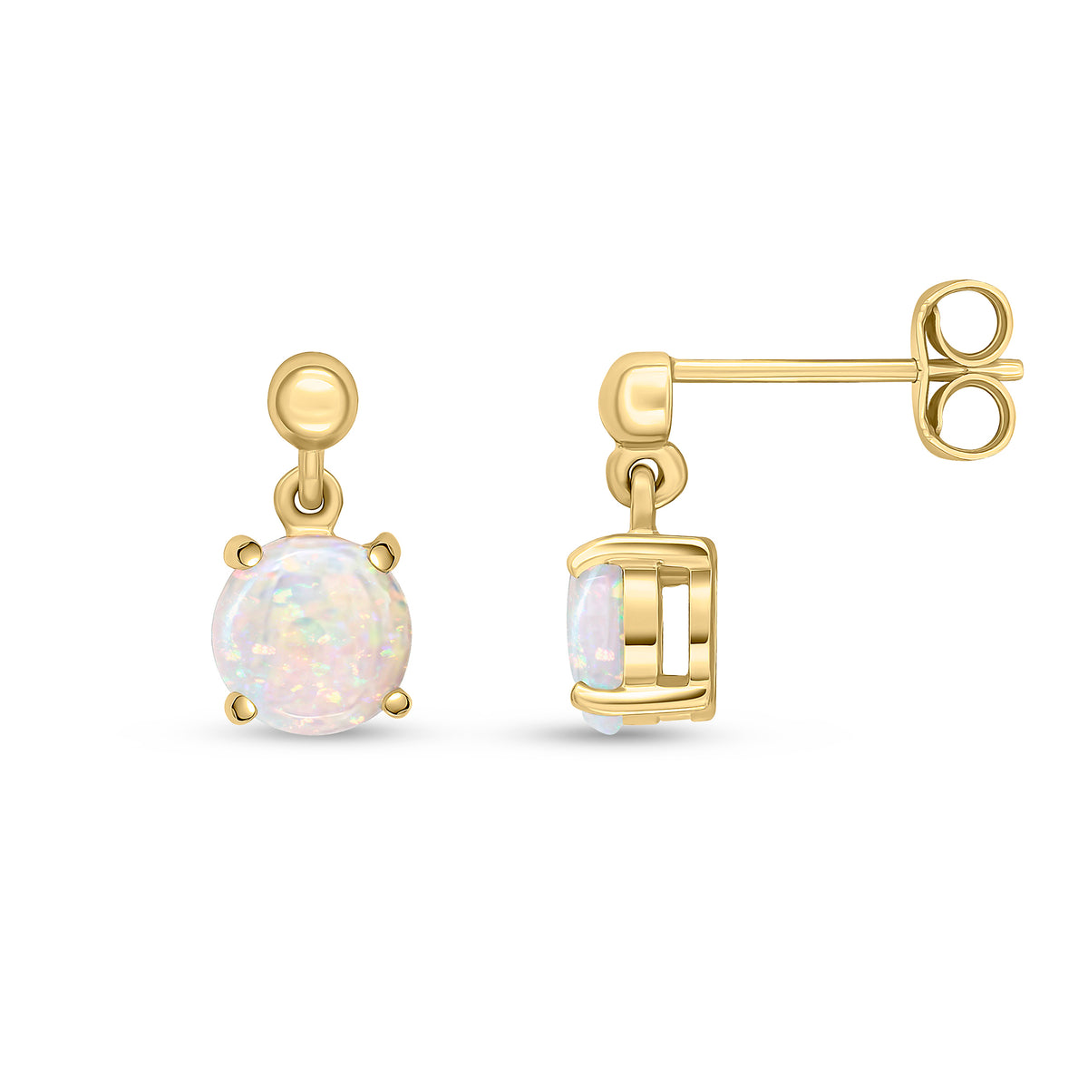 9CT YG 6MM ROUND OPAL CLAW SET DROP EARRINGS WITH BEAD TOP