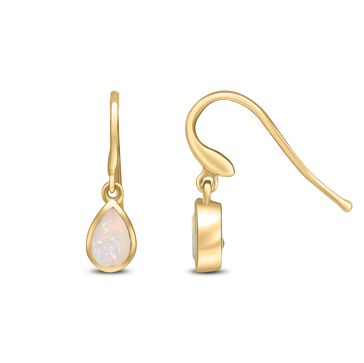 9CT YG 6X4 PEARSHAPE OPAL RUBOVER DROP EARRINGS. HOOK WIRE FITTING