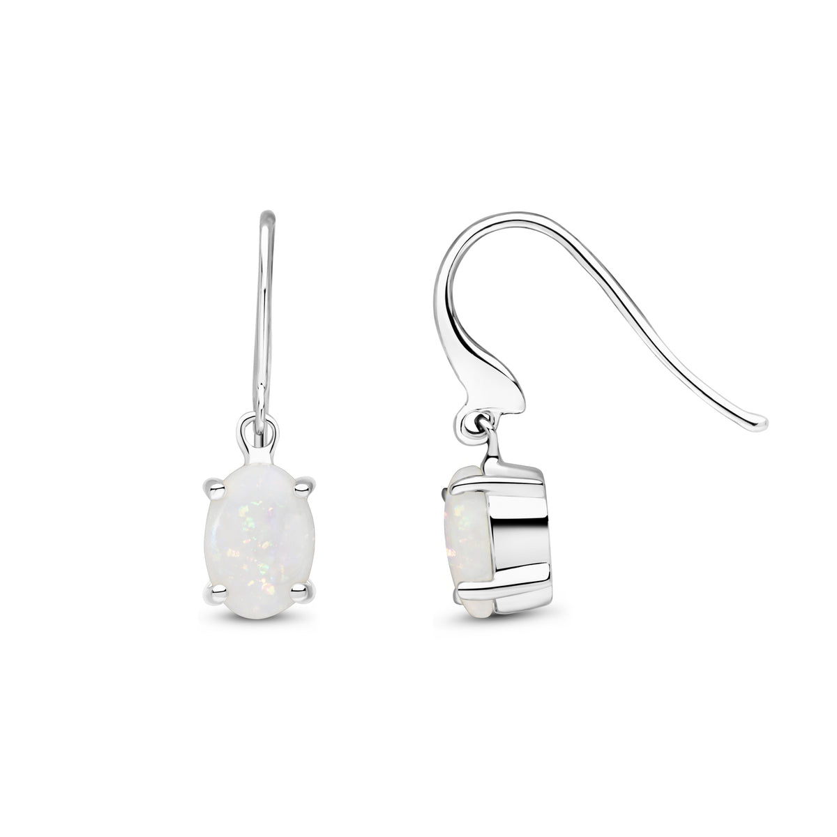 9CT WG 7X5 OVAL OPAL CLAW SET DROP EARRINGS WITH HOOK WIRE FITTING