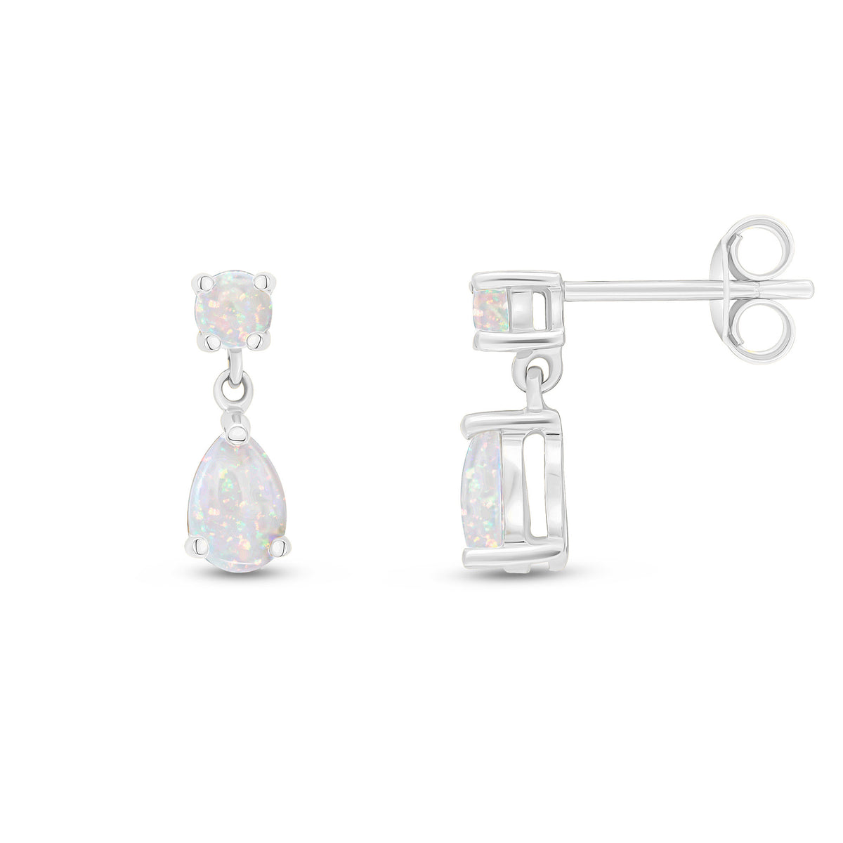 9CT WG ROUND AND PEARSHAPE OPAL 2ST CLAW SET DROP EARRINGS