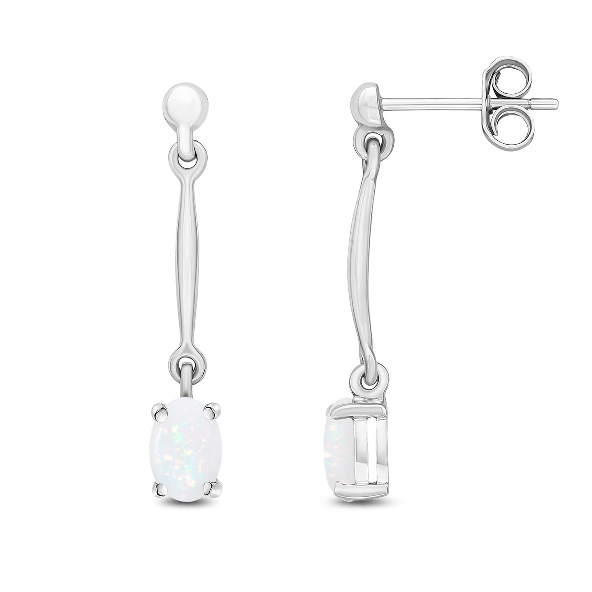 9CT WG CLAW SET 6X4MM OVAL OPAL AND BAR DROP EARRINGS