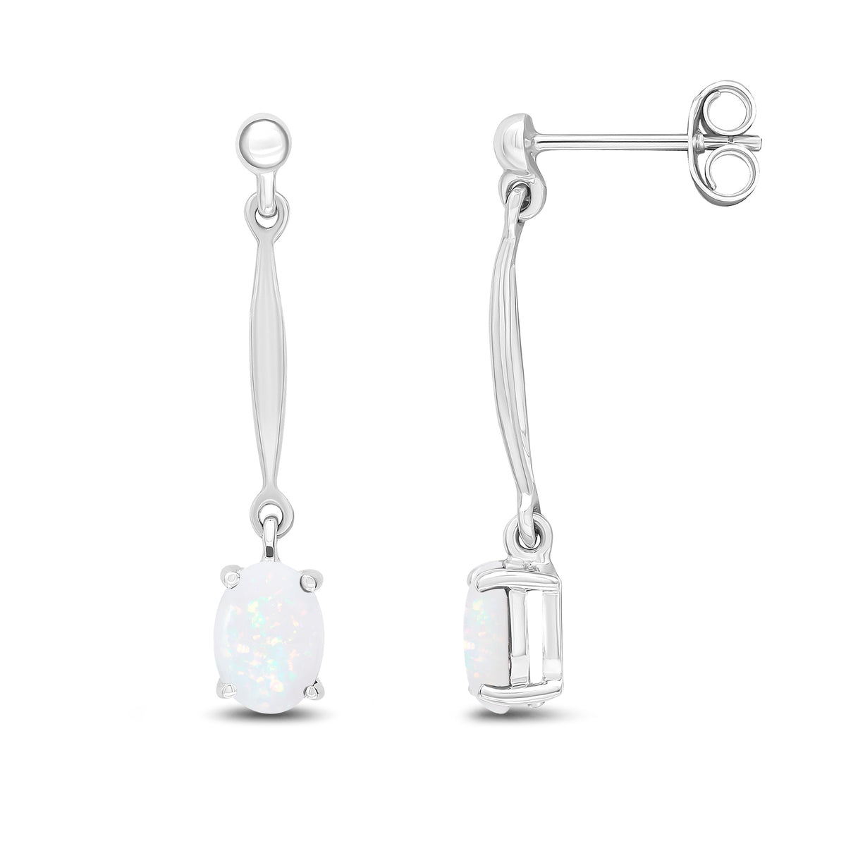 9CT WG 7X5MM OVAL OPAL AND BAR DROP EARRINGS WITH BEAD TOP