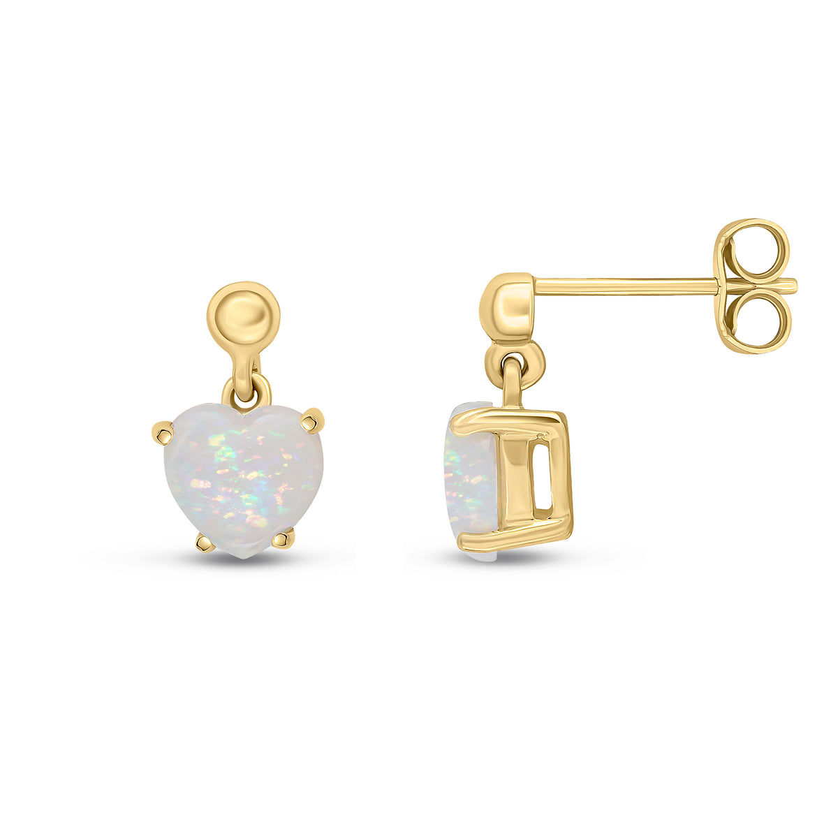 9CT YG 6MM HEART-SHAPE OPAL CLAW SET DROP EARRINGS WITH 3MM BEAD TOP